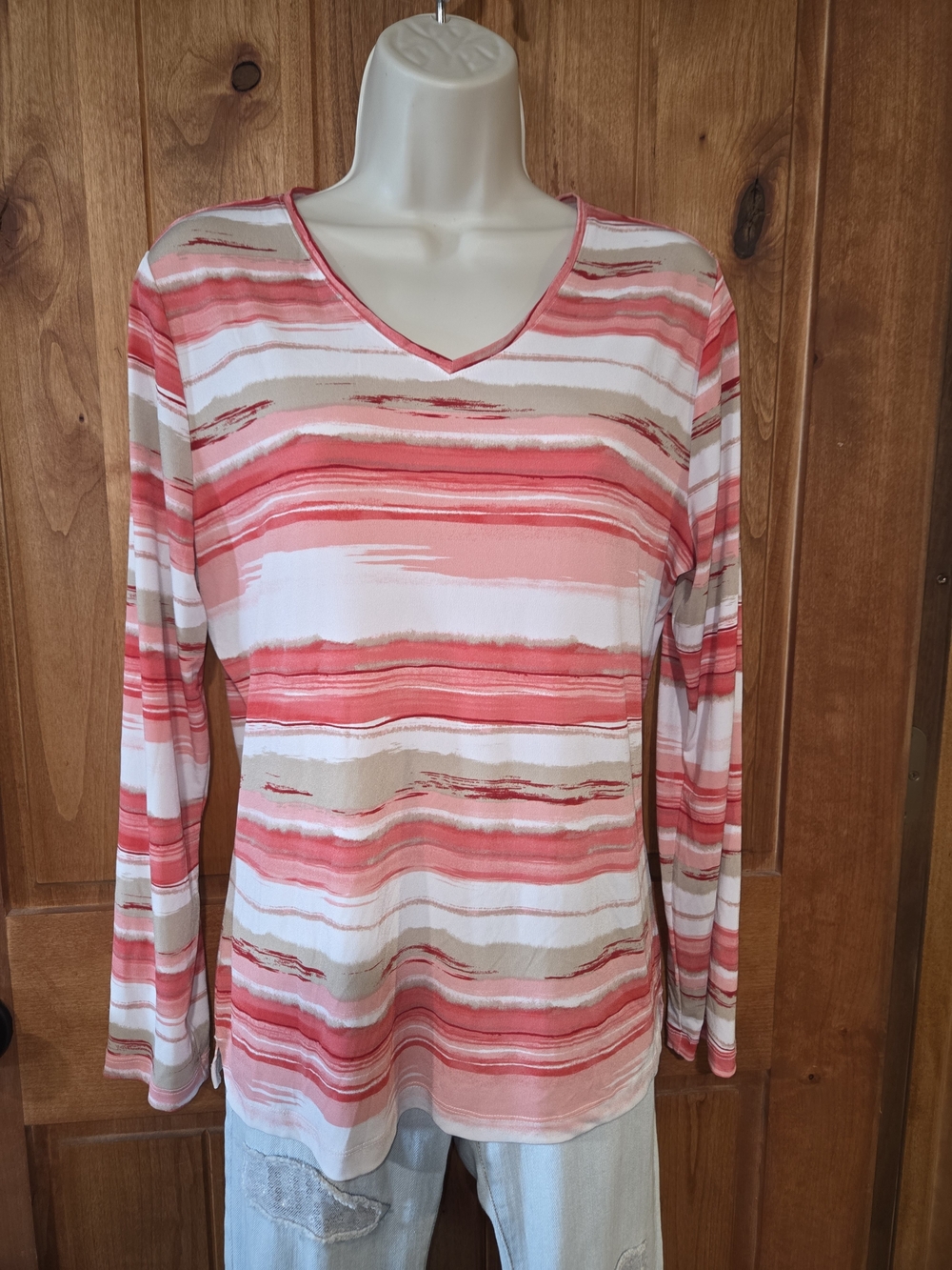 Chico's Coral and Cream Striped V-Neck Long‎ Sleeve Top